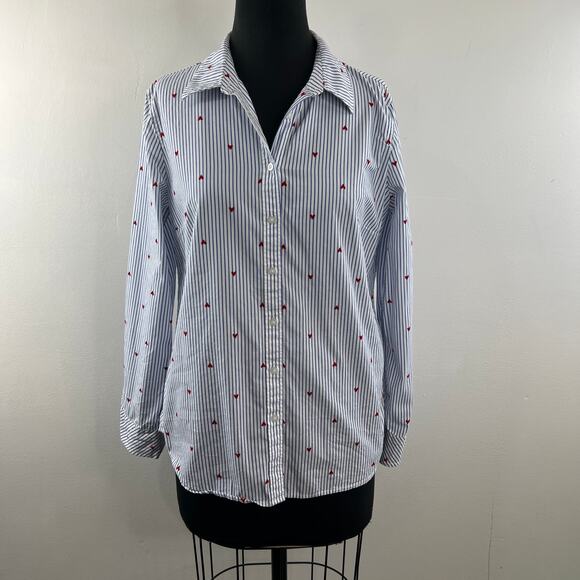 Talbots Blue White Red Top Cotton Striped Heart Collared Button-Up Size Small S - Picture 2 of 10